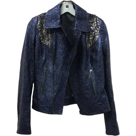 ELIE TAHARI WOMENS MAE LAMB LEATHER METALLIC Moto jacket size XL NEW $1798 MSRP - Picture 10 of 16